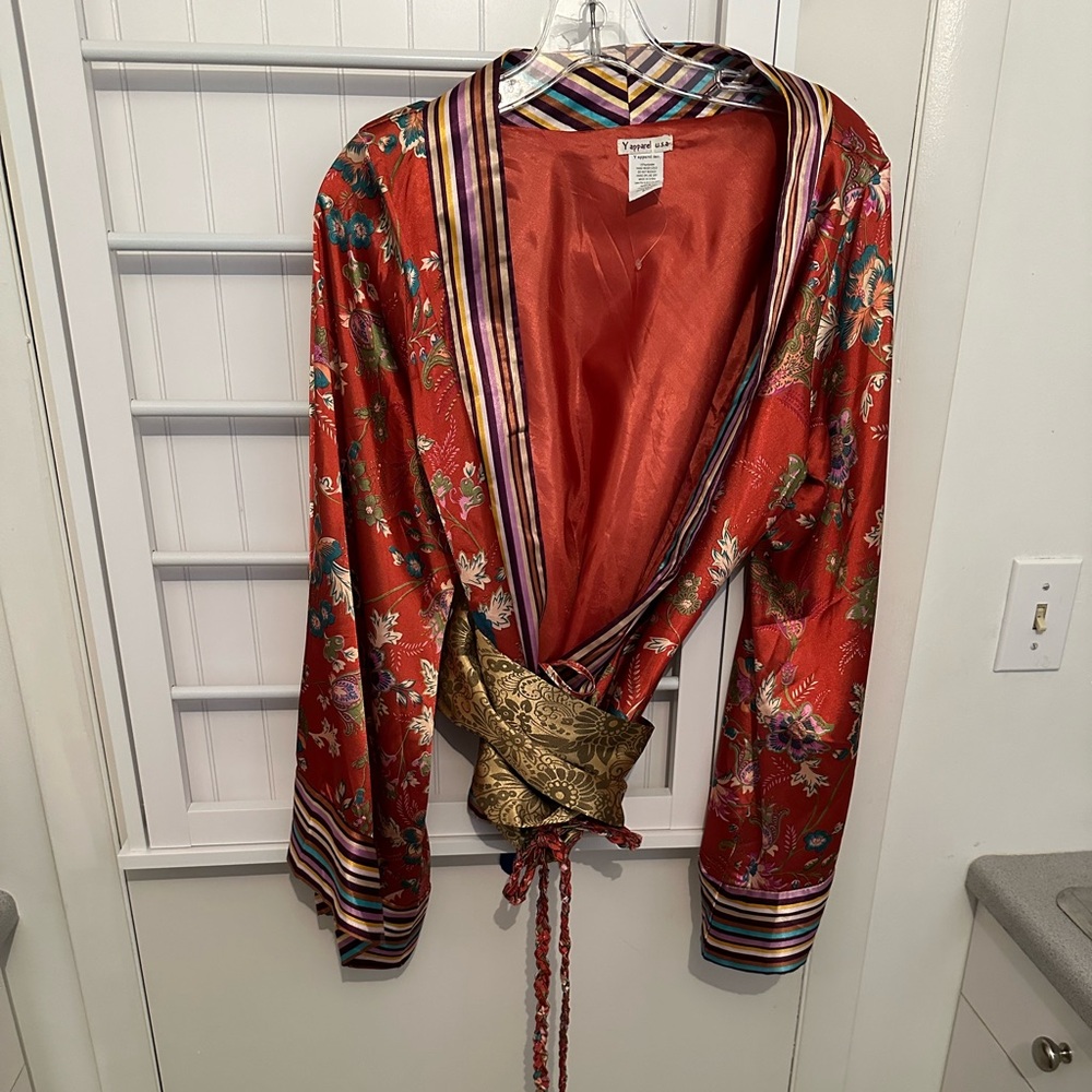 Silk-Feel Floral Red Wrap Top with Contrast Trim